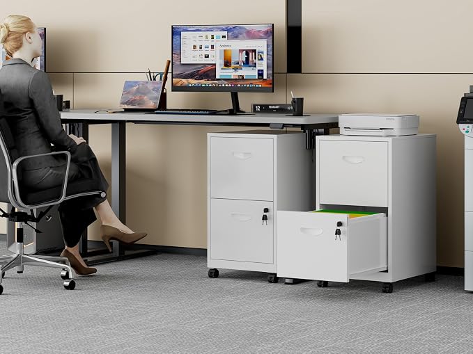 Polup 2 Drawer Rolling File Cabinet with Lock for Home Office | Metal Mobile Filing Cabinet on Wheels, Small Under Desk Storage, Fits Hanging Letter Size, Printer Stand, White