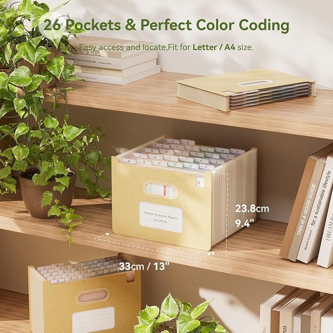 EcoStash 26 Pockets Accordion File Organizer, Upright&Open Top | Wheat Straw, 100% BPA Free, Letter/A4 Size, A-Z Bill Receipt Organizer for School Home Office Hospital - Wheat Yellow
