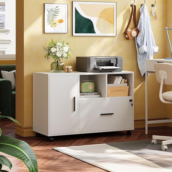 DEVAISE Office File Cabinet with Lock, 1-Drawer Wood Lateral Filing Cabinet on Wheels, Printer Stand with Open Storage Shelves for Home Office, White | Locking & Rolling, Lateral Filing Cabinet, Doors and Shelves, Fits Legal/letter/A4, for Home Office,...