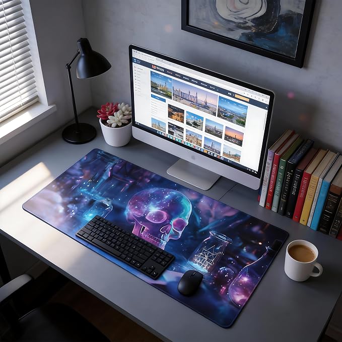 Aesthetic Skull Gaming Mouse Pad, Deep Blue Cyber Desk Mat with Anti-Slip Base & Stitched Edges,35.4" x 15.7" in Table Mat for Computer Desktop, Beautiful Workstation Decor