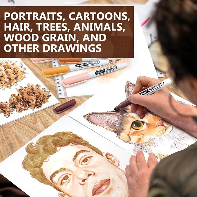 SFAIH 24 Skin Tone Permanent Markers - Assorted Portrait Colors, Fine Tip Alcohol-Based Marker for Portrait, Figure, Animals, Trees Painting, Coloring Book, Decorate Wood, Quick Drying, Fade Resistant
