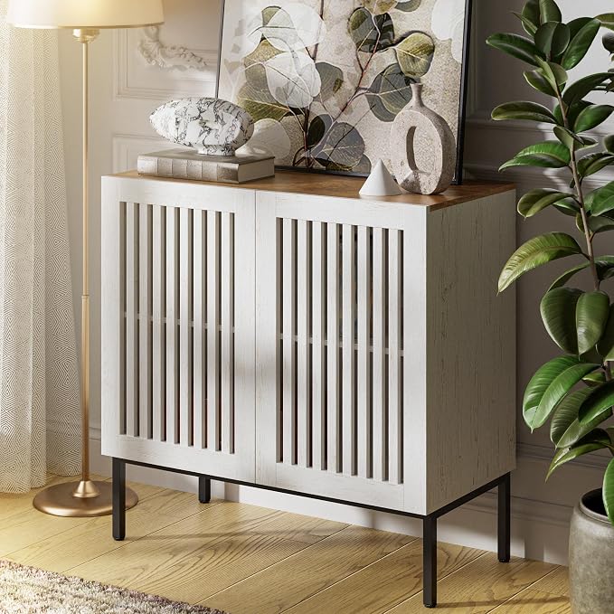 BVIUNTWO 31.5" Farmhouse Buffet Cabinet with Metal Base, Adjustable Shelf & 2 Doors, Antique White Storage Sideboard for Kitchen, Dining & Living Room