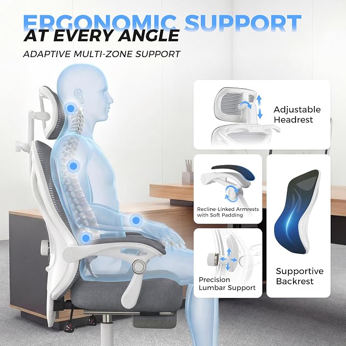 CYKOV Ergonomic Office Chair, Reclining, Footrest, Adjustable Lumbar, 350LB | 4-Way Headrest (4.72" + 60°), 2-Way Lumbar (2" + 1.18"), 90-135° Recline, Breathable Mesh, Gaming & Office, 5-Year Warranty