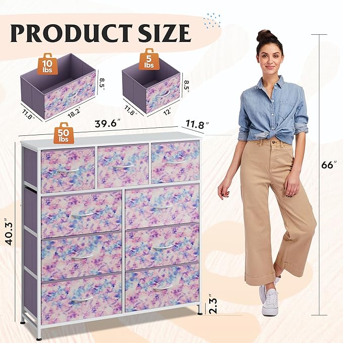 WLIVE 9 Drawer Dresser, Fabric Storage Tower for Bedroom, Hallway, Closet, Tall Chest Organizer Unit for Bedroom with Fabric Bins, Steel Frame, Wood Top, Easy Pull Handle, Tie-dye Purple Print