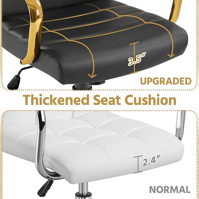 Yaheetech Mid-Back Office Chair PU Leather Desk Chair Adjustable Executive Task Chair w/Lumber Support Gold Leg Black Seat