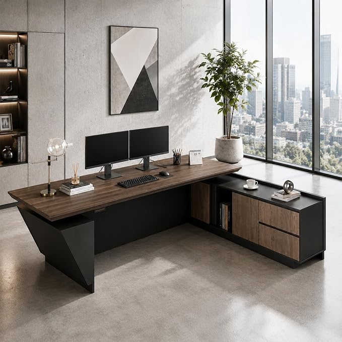 SAINTCY Adjustable Executive Desk - Luxury L Shaped Desk with Drawers, Large Table with File Cabinets, Executive Office Desks with LED Light Strip Home Office Desk for Professionals