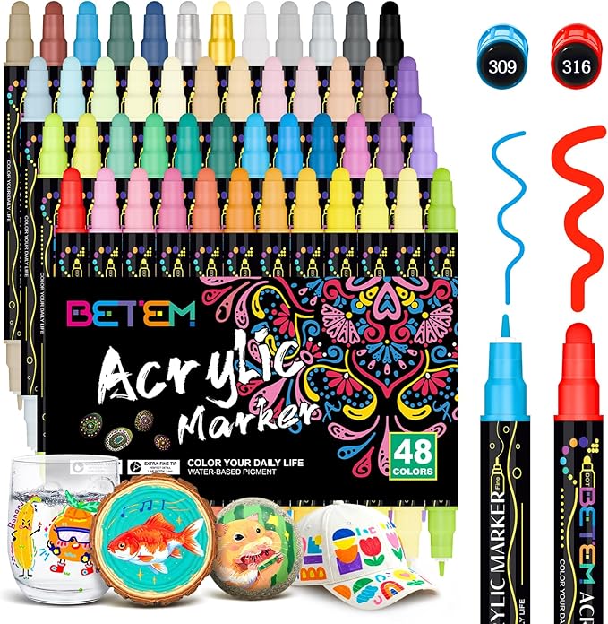 Betem 48 Colors Dual Tip Acrylic Paint Pens Markers, Fabric Decorating Kits Premium Water-Based Acrylic Paint Markers for Fabric, Rock, Wood, Glass, Eggs, Canvas, Ceramic, Easter Basket Stuffers