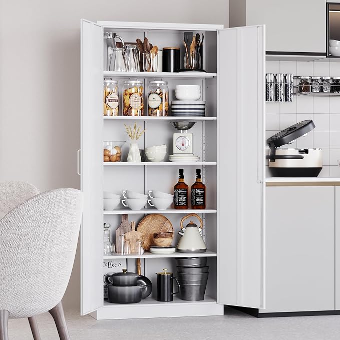 Metal Storage Storage Cabinet with 5 Adjustable Shelves,White Metal Cabinet with Locking Doors,Steel Pantry Cabinet with Lock,71" Lockable Storage Cabinet for Home,Office,Garage,Kitchen,Shop