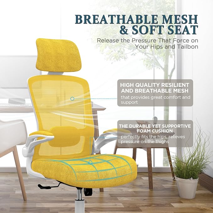 Mimoglad Office Chair, High Back Ergonomic Desk Chair with Adjustable Lumbar Support and Headrest, with flip-up Armrests for Guitar Playing, 5 Years Warranty (Modern, Golden Light)