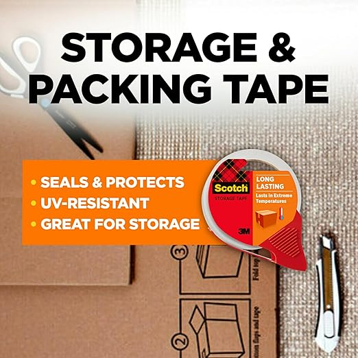 Scotch Long Lasting Storage Packing Tape, Clear, Storage Tape Withstands Extreme Temperatures, 1.88 in x 38.2 yd,4 Rolls and 4 Tape Dispensers