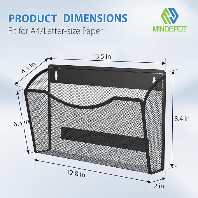 MINDEPOT Magnetic Wall File Organizer, Hanging File Holder, 6 Pack, Black | Heavy Duty Iron, Powerful Magnet, Metal Mesh Wall Mount, Single Pocket, for Office School Classroom Home, Letter A4 Size
