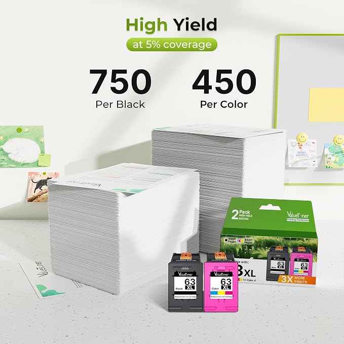 63XL Ink Cartridges Black and Color Combo Pack Replacement 2-Pack | for HP Ink 63 XL 63 Ink HP63 HP63XL for HP Officejet 3830 4520 4650 4655 5252 5255 5222 5255 5258 Deskjet 2130 2132