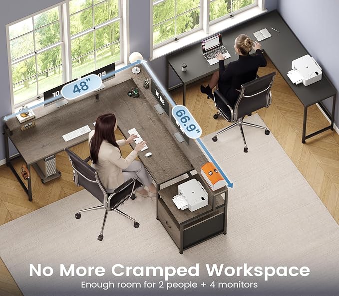 SEDETA 66" Reversible L Shaped Computer Desk with Power Outlet, File Drawer | Home Office Desk with Monitor Shelf, Storage Shelves, LED Lights for Corner Small Spaces, Gaming, Walnut