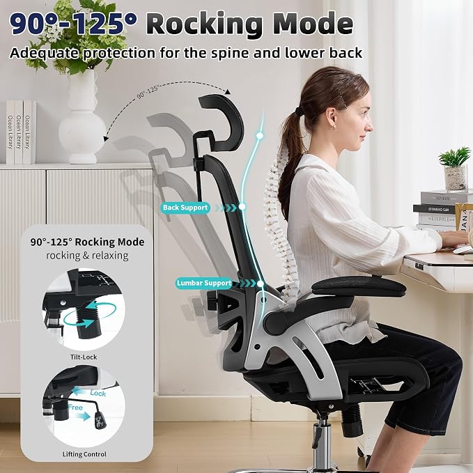 Fizzin Office Chair Mesh Desk Chair with 3D Armrests Computer Chair | Ergonomic Office Chair with Adjustable Lumbar Support and Headrest 125° Tilt and Wide Mesh Cushion High Back Home Desk Chair