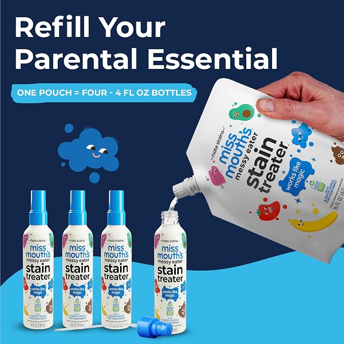 Miss Mouth's Messy Eater Stain Treater Kit, 2 Sprays & 16 Oz Refill | Newborn & Baby Essentials; Cleans Off Food, Grease, Coffee; Use on Laundry, Underwear, Fabric