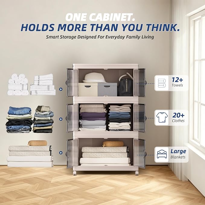 SAILUN 348Qt Stackable Storage Bins,Storage Cabinet a Lid,3Pack Blush White | Stackable Storage Drawers with Lids,26" W x 17" D x 43.7" H,Featuring open-front Access for Clothes and Closet Storage
