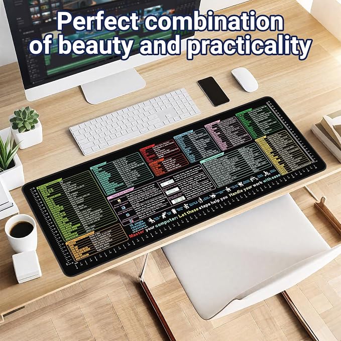 Excel Cheat Sheet Desk Pad 31.5x11.8 - Waterproof Mouse Pad with Inch Scale,Contain 9 Major Excel Function Module and Common Function,Large XL Excelpad Cheat Sheet Desk Mat for Keyboard and Mouse