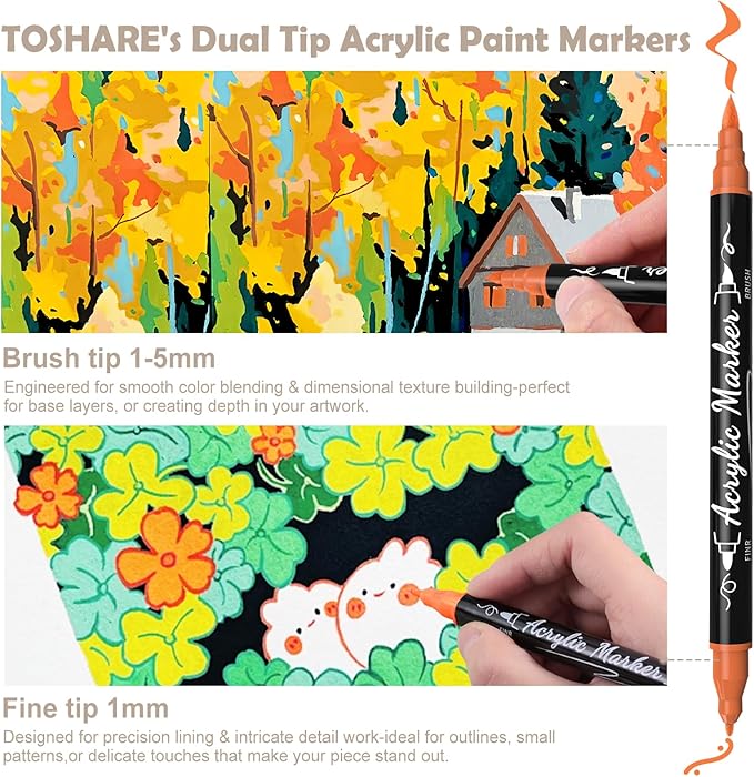 80 Colors Acrylic Paint Markers - Waterproof Dual Tip Acrylic Paint Pens with Brush & Fine Tip Professional Marker Set Scrapbook Markers for Paper Rock Wood Fabric Glass Ceramic and DIY Crafts