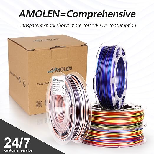 AMOLEN Silk PLA 3D Printer Filament Bundle, Shiny Multicolor Rainbow PLA Filament 1.75mm Pack, Fast Color Change PLA 3D Printing Filament for Most FDM 3D Printer, 200g X 4 Spools