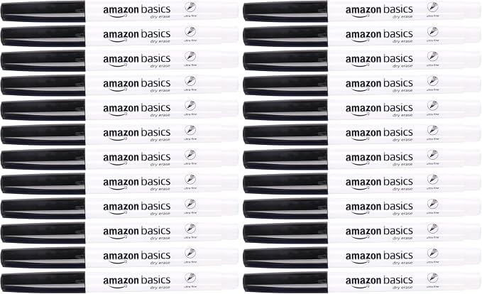Amazon Basics Low Odor Ultra Fine Tip Dry Erase Whiteboard Markers for Teacher Supplies, Black, 24-Pack