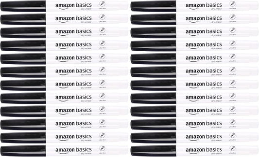 Amazon Basics Low Odor Ultra Fine Tip Dry Erase Whiteboard Markers for Teacher Supplies, Black, 24-Pack