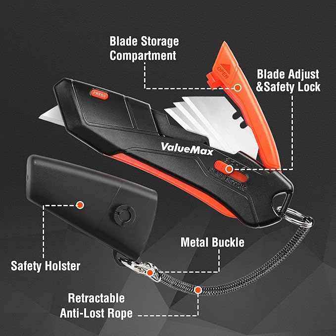 ValueMax 4-Pack Box Cutter Knife, Cardboard Cutter with Self-Retracting 3-Position Locking Blade, Safety Sheath, Lanyard, 36 Blades Included, Blade Storage Design, for Cartons, Cardboard and Boxes