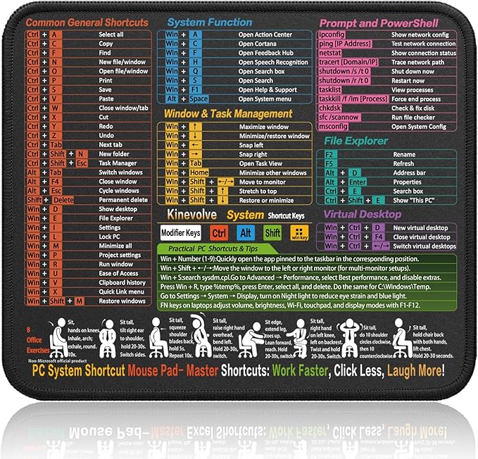 Mouse Pad for Windows Shortcuts – Small Window Cheat Sheet Desk Pad – 11.8"x9.8" Portable Computer Mousepad – Gaming, Office, Waterproof, Non-Slip, Stitched Edges