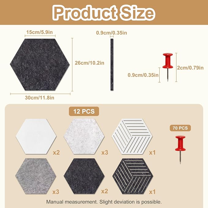 12PK Hexagon Cork Board & Felt Board Modern Grayscale 70 Pins | 11.8x10.2 inches, 12-pack set, cut-out geometric designs, ideal for home office wall decor, vision board, DIY art projects