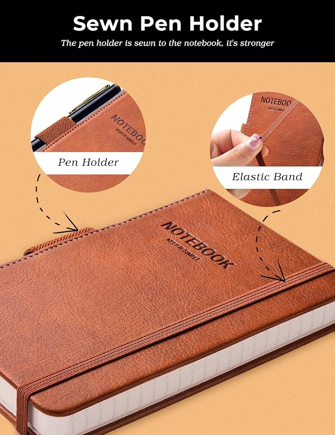 Pocket Notebook Small Notebook 2-Pack, 3.7" x 5.7" Pocket Notebooks Hardcover with Thick Lined Paper, Inner Pockets, Cover Letter Embossing Design Mini Journal Notepad Brown Leather