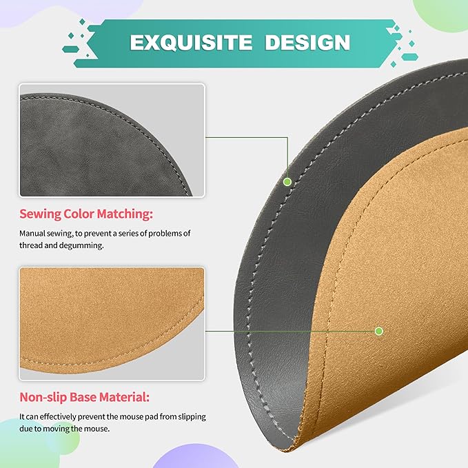 Mouse Pad，Round Mouse Pad，PU Mouse Pad，Leather Mouse Pad with Stitched Edge Micro-Fiber Base with Non-Slip Waterproof，Mouse Pad for Computers，Laptop，9 x 9 Inch (Gray)