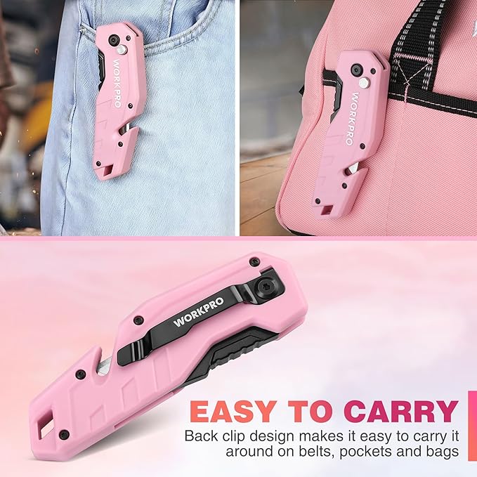 WORKPRO Folding Utility Knife, Quick Change Box Cutter, Pink Razor Knife for Cartons, Cardboard, Boxes, 10 Extra Blades Included - Pink Ribbon