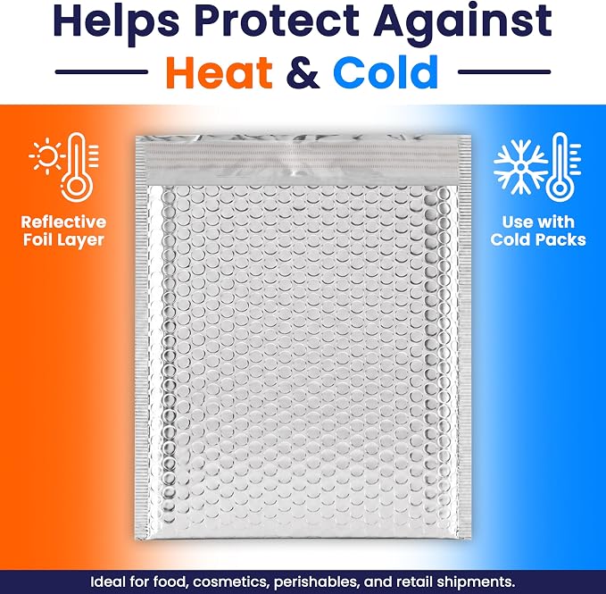 Waterproof Insulated Foil Thermal Bubble Mailers 10x11, 200-Pack | Ideal for food, skincare, cosmetics & perishables. Tear-resistant metallic lining protects temperature-sensitive items.