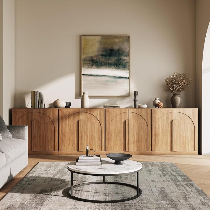 BELLEZE 2 Tier Bookshelf with Arched Wood Door, Set of 4 Modern Display Bookcase Shelf with Storage and Adjustable Shelves, 126" Wood Bookshelves for Living Room Office Entryway (Camel)