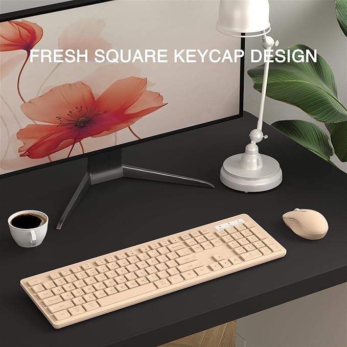 Wireless Keyboard and Mouse Combo, Full-Size 104-Key Office Keyboard with 15 Function Keys, Numeric Keypad, Single USB Receiver, Compatible with PC and Laptop(Milk-Tea Only)