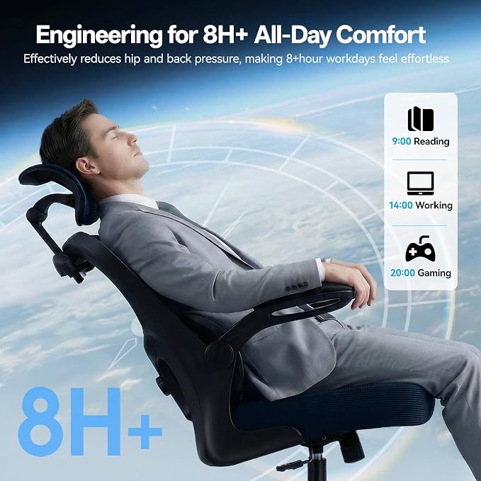 Office Chair Ergonomic Desk Chairs with Adjustable Lumbar Support& Headrest Hanger, High Back Breathable Mesh Chair with Wheels, Rolling Swivel Comfy Task Computer Chair for Home Work Gaming