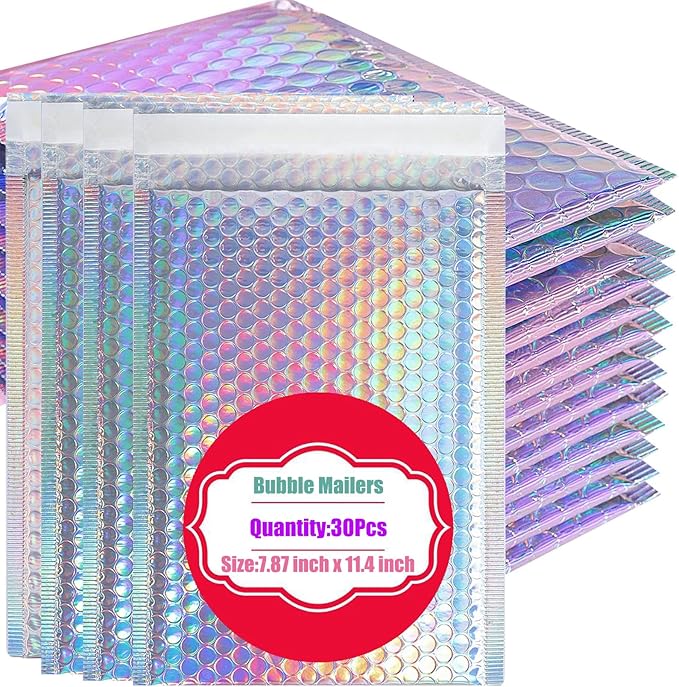 30 PCS Metallic Bubble Mailers,Poly Padded Envelopes,Holographic Bubble Mailers,Waterproof Shipping Bags,Self Seal Foil Glitter Glamour Cushion Envelopes for Mailing,Packing,Small Business