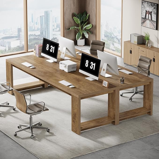 Tribesigns 2 Person Desk Set of 2, 86.6 Inches Extra Long Desk, Two People Computer Writing Table, Long Wood Office Desks Workstation for Home Office, Natural Wood