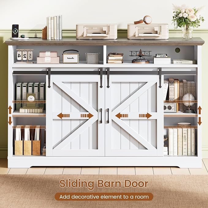 SEDETA 47.2" File Cabinet, 2 Drawers Filing Cabinets for Home Office fit Legal/Letter/A4 File, Farmhouse File Cabinet with Barn Door & Power Outlet, Printer Stand with Storage & LED Light, White+Grey