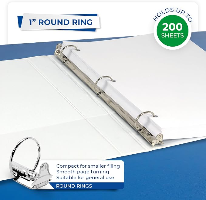 Samsill 1 Inch 3 Ring Binders, Economy Round Ring, Clear View Cover, 200 Sheet Capacity - for School, Home, Office - White, 12 Pack