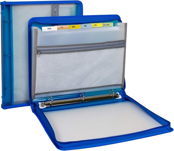 C-Line Zippered Binder with Expanding File, 2" Expansion, 7 Sections, Zipper Closure, 1/6-Cut Tabs, Letter Size, Bright Blue