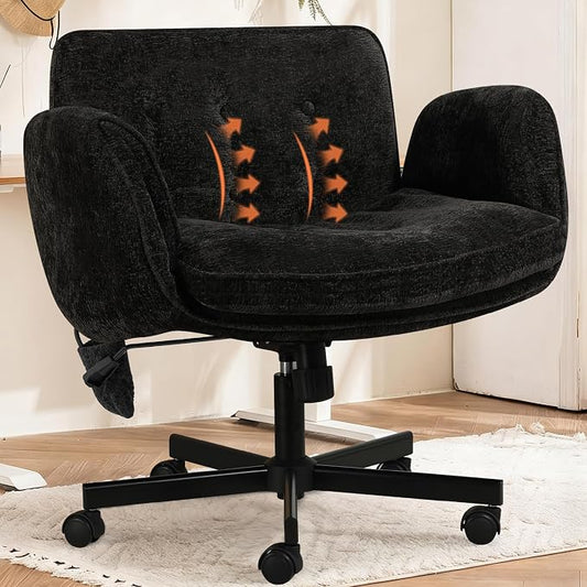 Criss Cross Chair with Lumbar Airbag & Folding Arms Relieve Back Pain, Wide Cross Legged Office Chair for Home Office, Comfy Swivel Desk Chair with Wheels, 5 Level Adjustable Armrest, Chenille(Black)