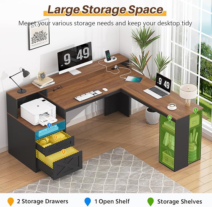 63" Farmhouse L Shaped Desk with Drawers & Shelves for Home Office | Gaming Desk with Power Outlets & LED Lights, Corner Desks with File Drawer, Printer Shelf, Monitor Stand, Brown & Black