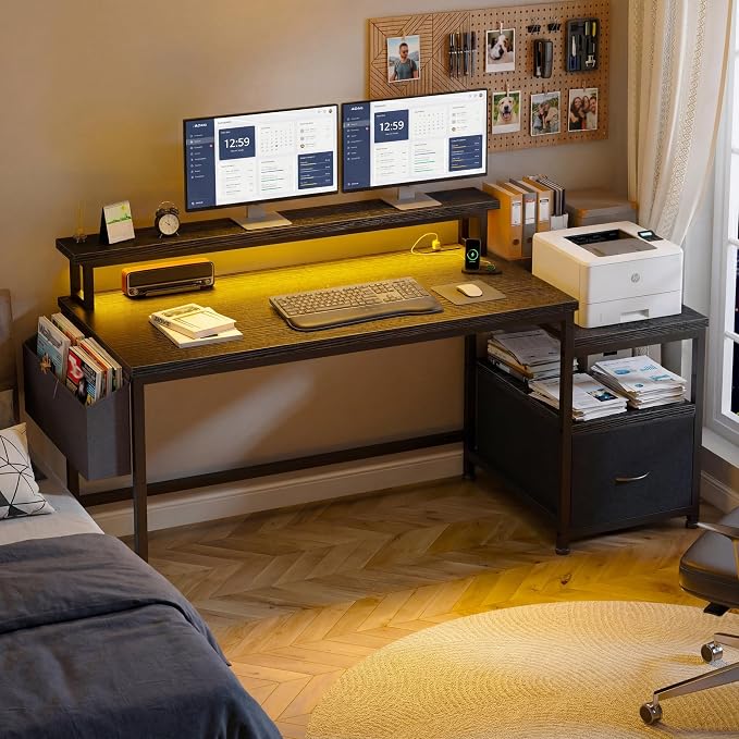 EnHomee 56.5" Office Desk with Drawers & Printer Space for Home Work,Black | Computer Desk with 3 AC Outlets& 2 USB Ports,40"*7" Long Monitor Stand,Side Pockets with Storage Space,Home Office,Bedroom