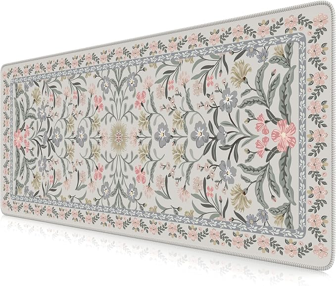 iCasso Aesthetic Desk Mat,31.5x11.8in Mouse Pads, Gray Floral | Anti-Slip Mousepad with Stitched Edges, Waterproof Computer Pad, Desk Accessories Office Decor for Women