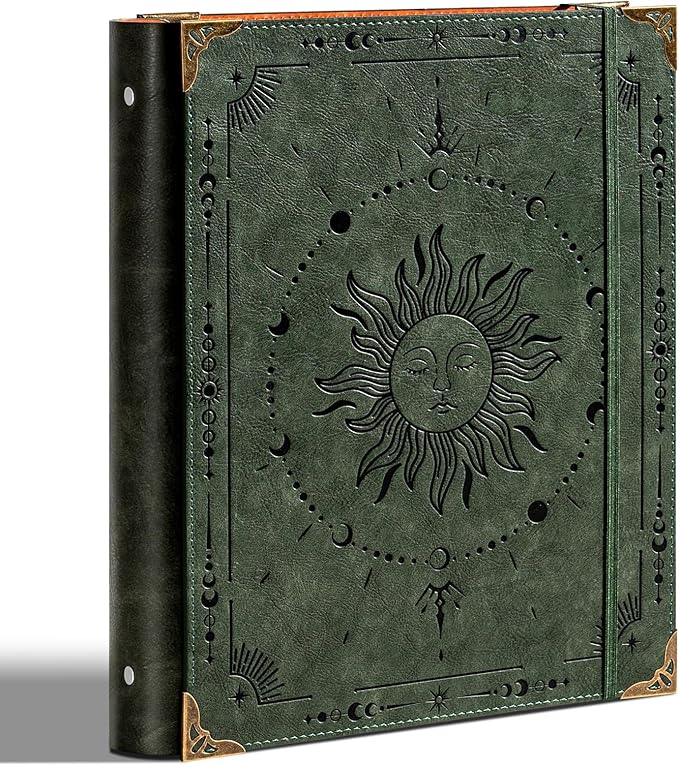 PU Leather 3 Ring Binder 1 Inch Round Ring Binder Holds 200 Sheets 8.5"x11" Letter Size Paper, Wedding Family History Notebook Cover Loose Leaf Organizer, Green