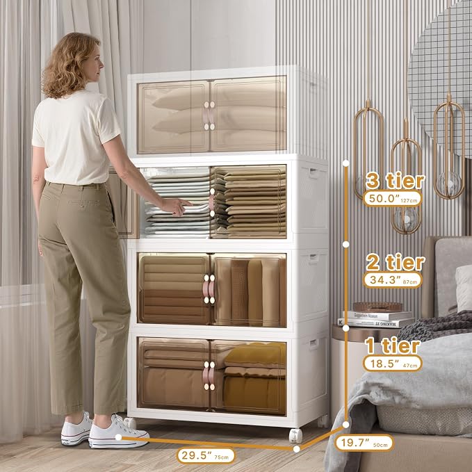 504QT Stackable Storage Bins with Lids, Doors & Wheels | Closet Organizers and Storage Cabinet , Lockable Plastic Foldable Drawers for Bedroom Dorm Office Garage（168QT*3,White）