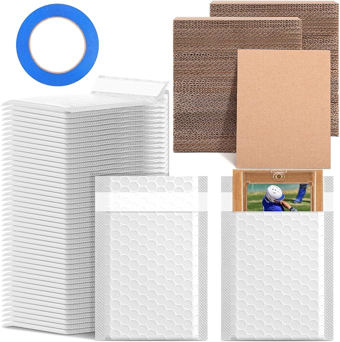 Tatuo 301 Pcs Trading Card Shipping Protector Set Include 200 Corrugated Cardboard Sheets Inserts 100 Poly Bubble Mailers Padded Envelopes and Masking Tape(White)