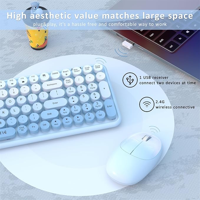 UBOTIE Wireless Keyboards and Mouse Combo (Blue Gradient) | Colorful Gradient Rainbow Color Retro Typewriter Flexible Keyboard, 2.4GHz Connection and Optical Mouse for PC Wins Mac