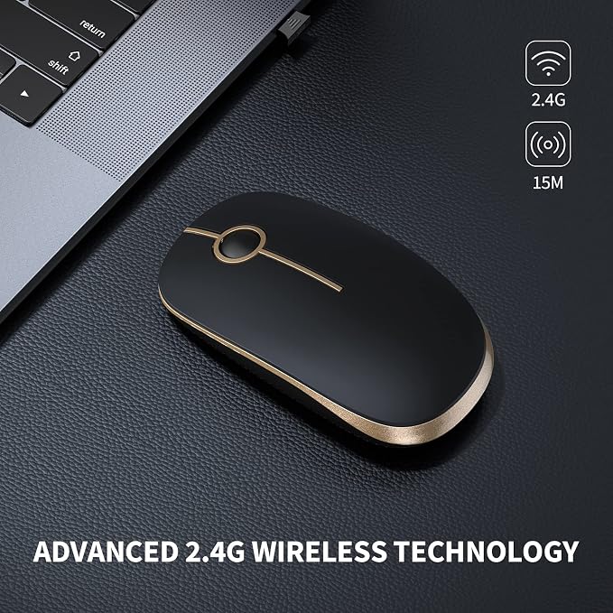 VssoPlor Wireless Mouse, 2.4G Slim Computer Laptop Mouse, Black and Gold | Portable Mouse, Plug & Play USB Nano Receiver, Quiet Silent Optical Mice for Notebook, PC, Laptop, Computer, Windows, Mac