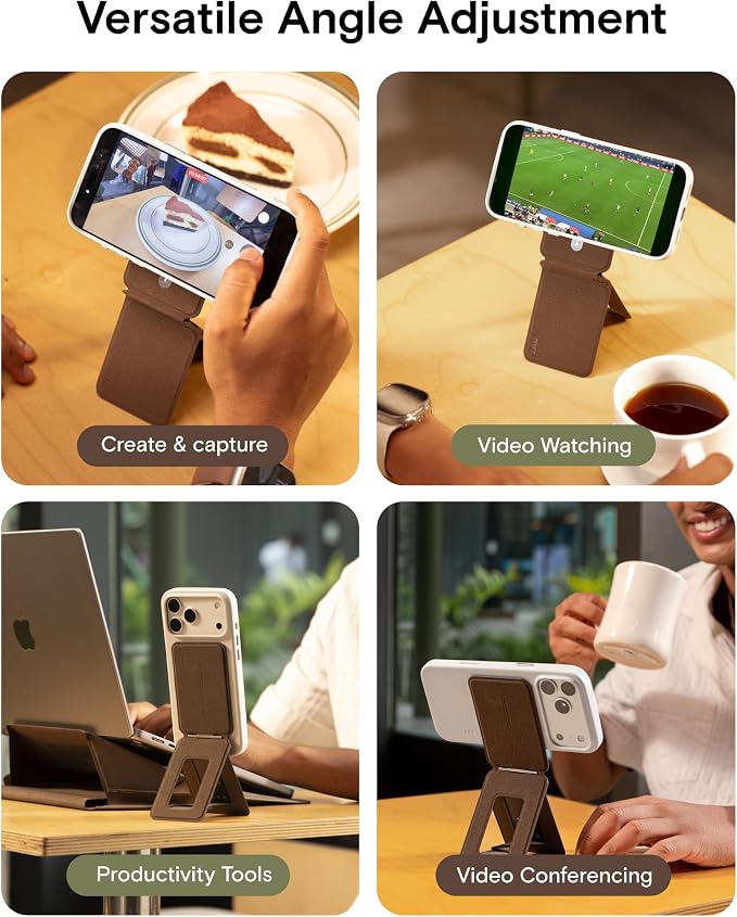MOFT Phone Stand, Magnetic Phone Tripod Stand MOVAS-E-Coffee Leather & Angle Adjustment & Strong Magnets Tripod for iPhone 17/16/15/14/13/12 (Included Metal Ring)-Coffee
